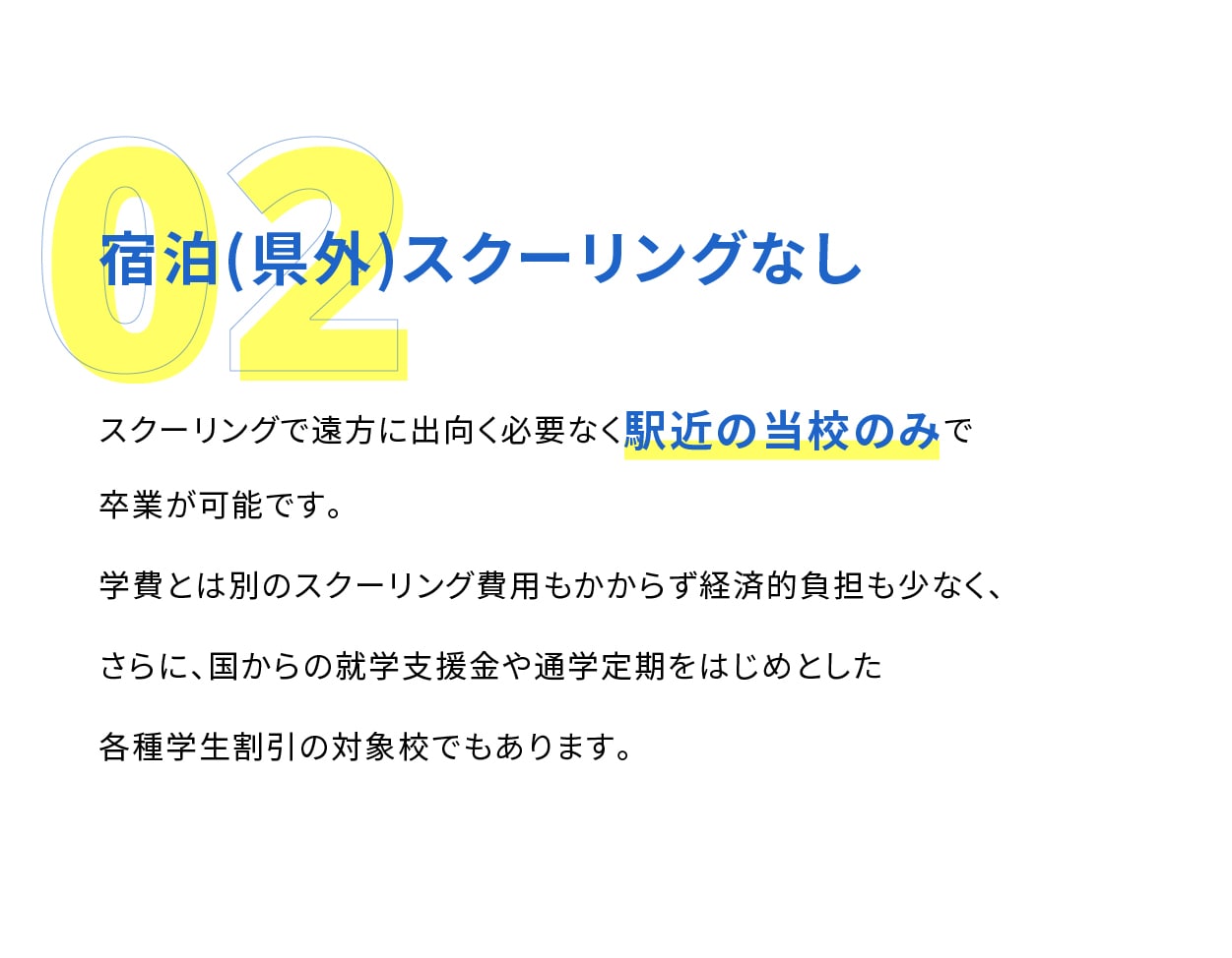 スクーリングで遠方に出向く必要なく駅近の当校のみで
            卒業が可能です。学費とは別のスクーリング費用もかからず経済的負担も少なく、さらに、国からの就学支援金や通学定期をはじめとした各種学生割引の対象校でもあります。